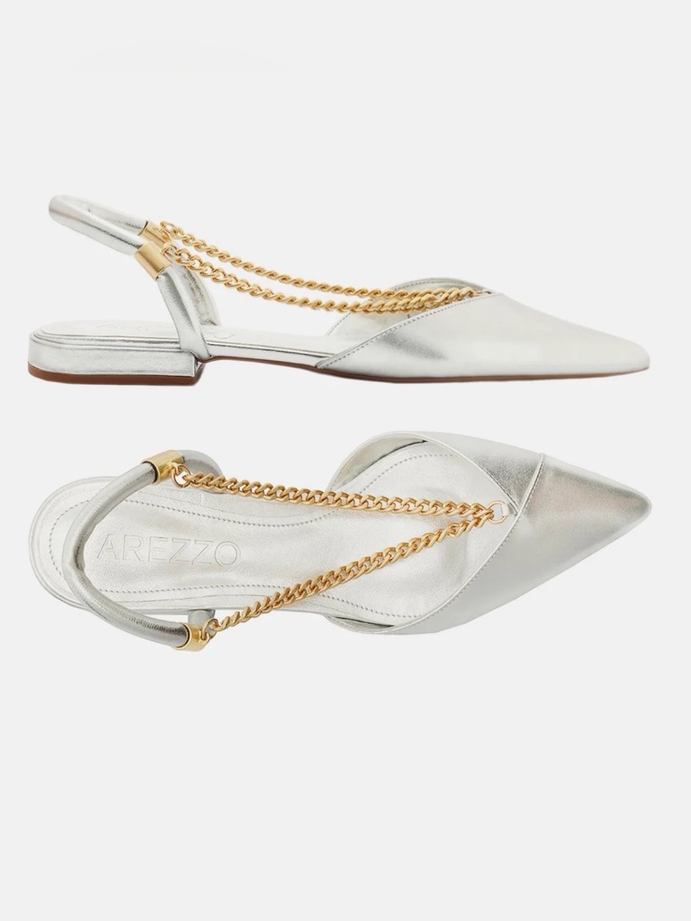 Arezzo Charli Ballet Silver Pointed Slingback Pumps with Gold Chain Detail